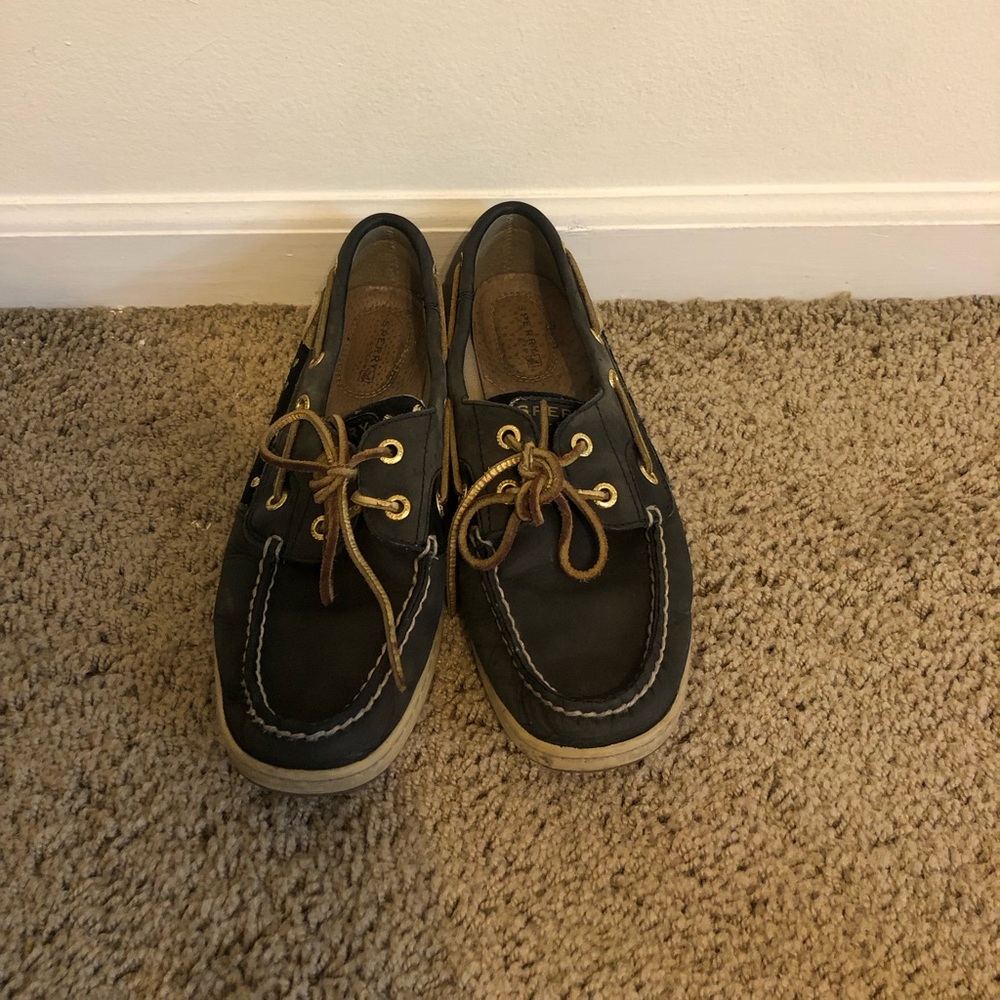 Black Sperrys with gold polka dots, size 8